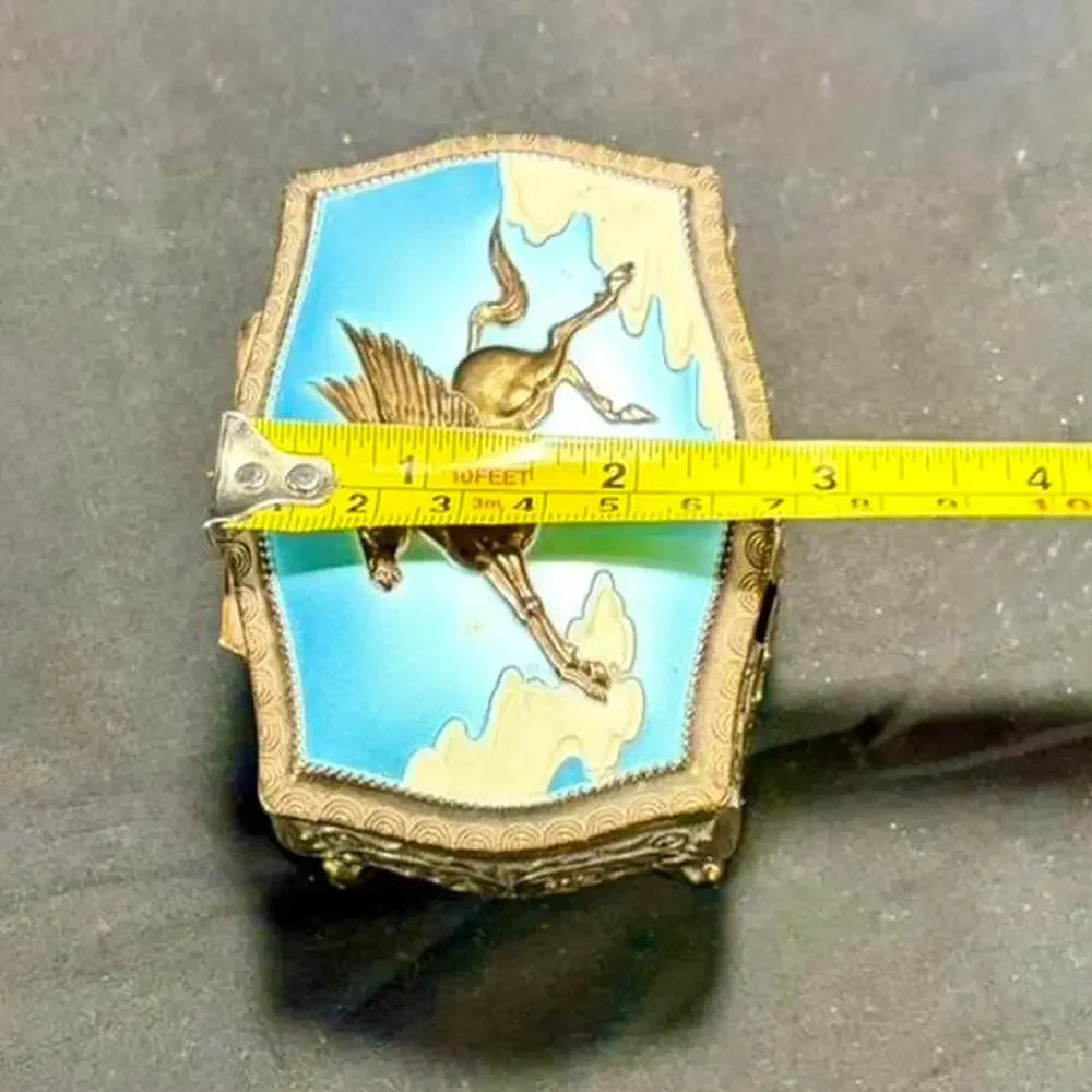 🚨VINTAGE Metal Enameled Brass Ornate Pegasus Winged Horse Trinket Jewelry Box🐴